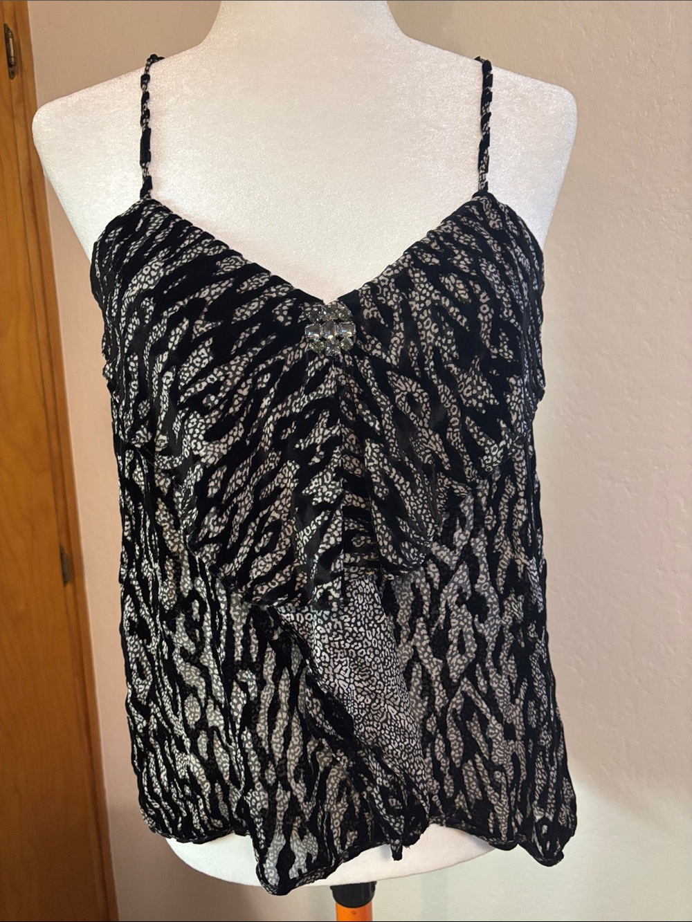 The Kooples Black and Silver Sheer Printed Cami with Jewel Accent